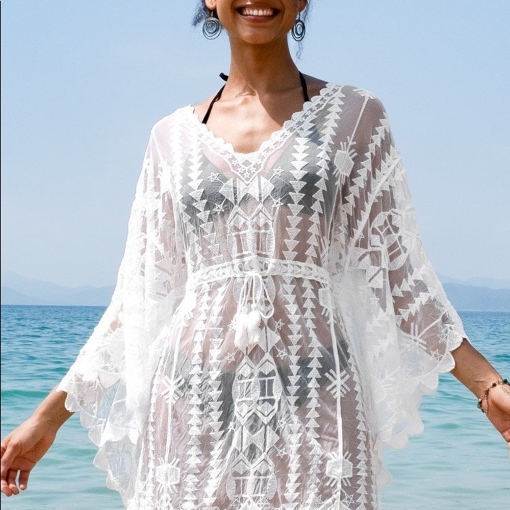 Melina White Embroidery Mesh Cover Up